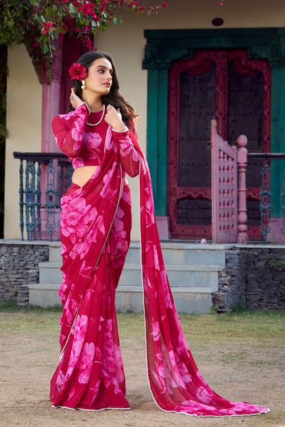 Bold Rani Pink Floral Georgette Saree
