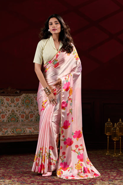 Baby Pink Satin Saree with Colorful Printed Floral Motifs