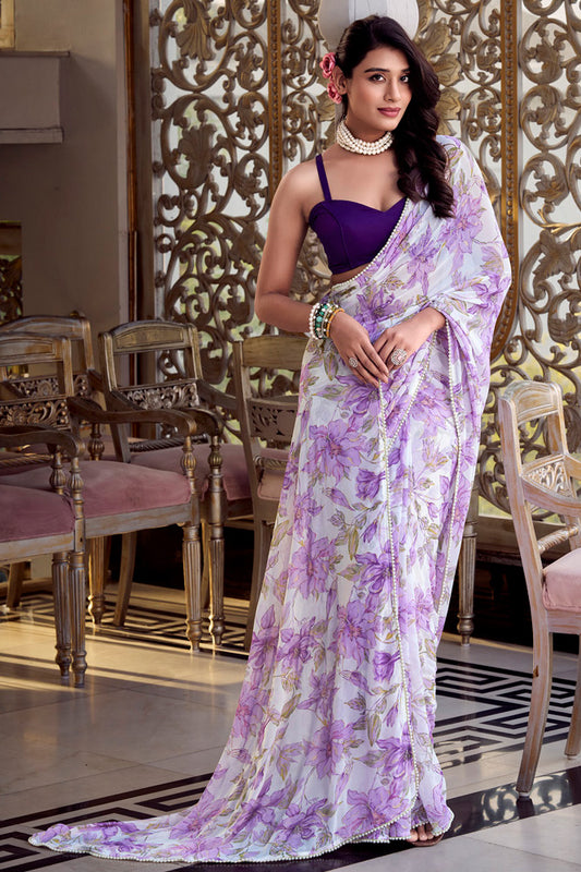 Floral Printed Weightless Georgette Saree with Pearl Lace Border and Blouse