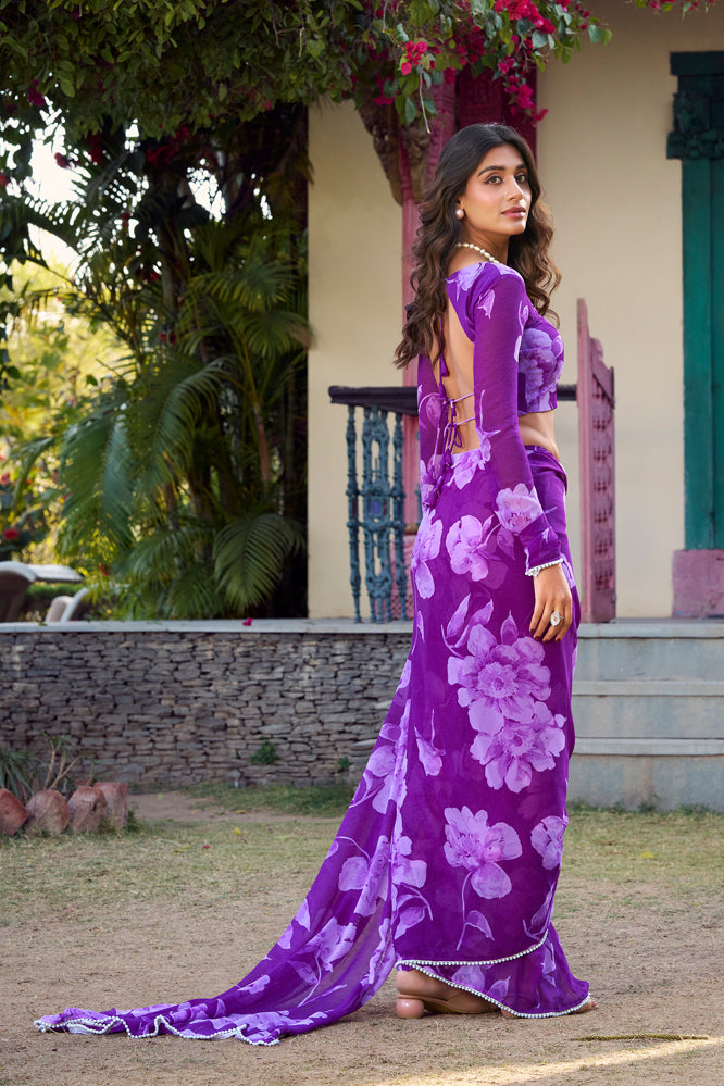 Majestic Purple Floral Georgette Saree