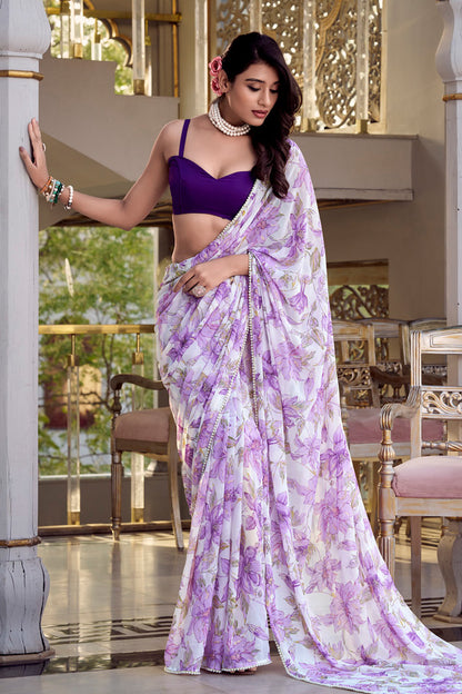 Floral Printed Weightless Georgette Saree with Pearl Lace Border and Blouse