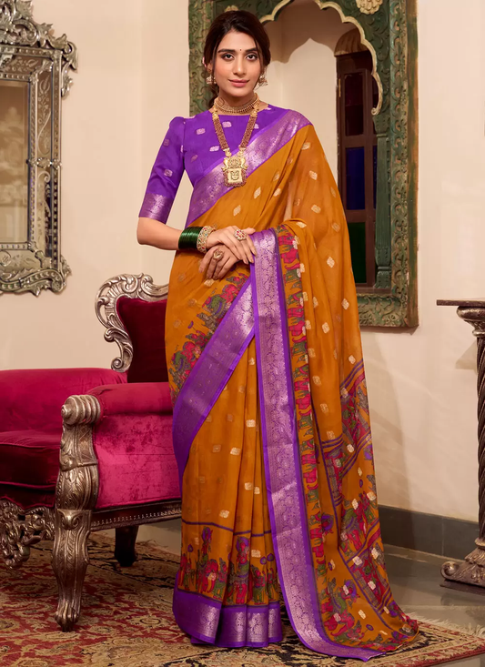 Mustard & Purple Kalamkari Poly Silk Cotton Saree with Zari Border