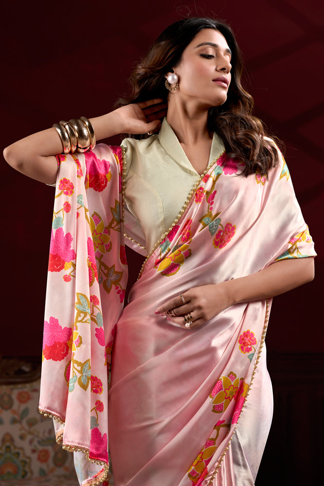 Baby Pink Satin Saree with Colorful Printed Floral Motifs