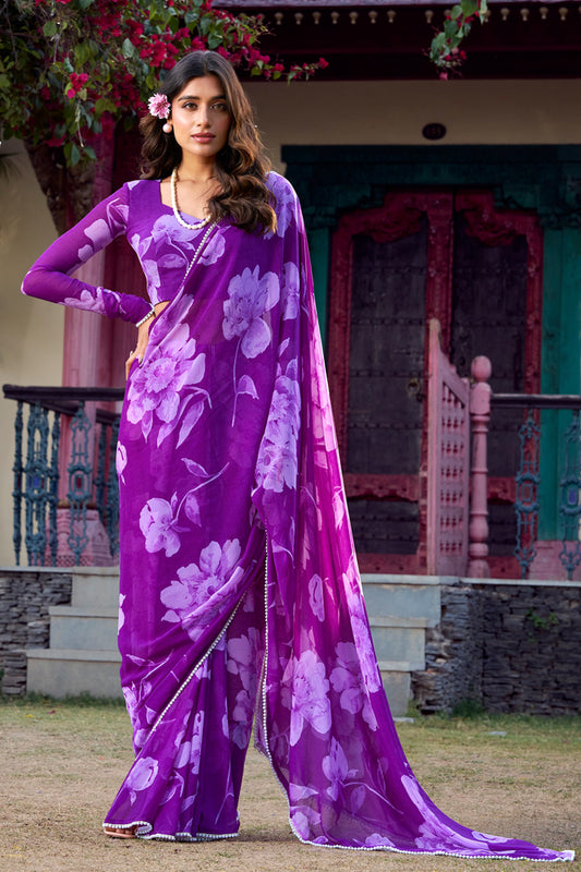 Majestic Purple Floral Georgette Saree