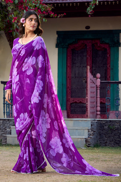 Majestic Purple Floral Georgette Saree