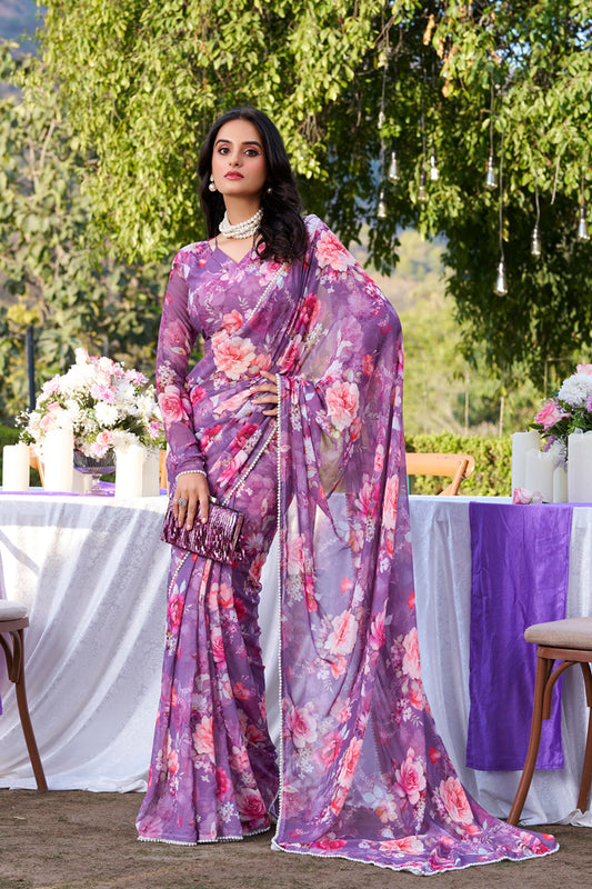 Elegant Lavender Floral Georgette Saree