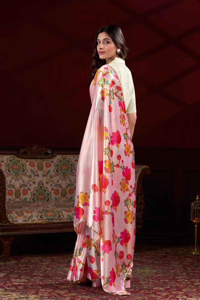 Baby Pink Satin Saree with Colorful Printed Floral Motifs