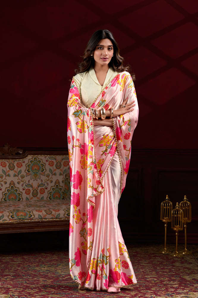Baby Pink Satin Saree with Colorful Printed Floral Motifs