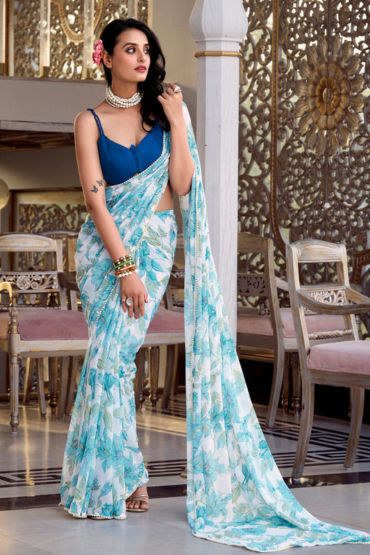 Floral Printed Weightless Georgette Saree with Pearl Lace Border and Blouse