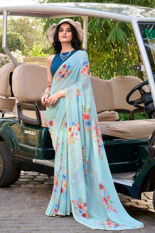 Sea Blue Floral Georgette Saree – Pastel Partywear