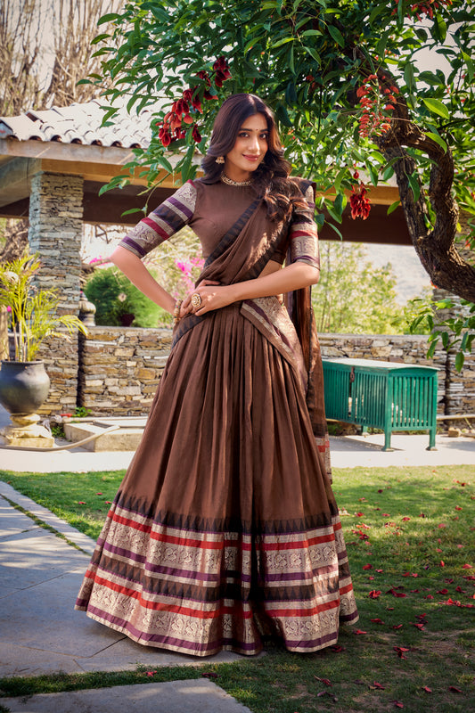 Brown Pure Chanderi Lehenga Set with Zari Woven Border & Dupatta