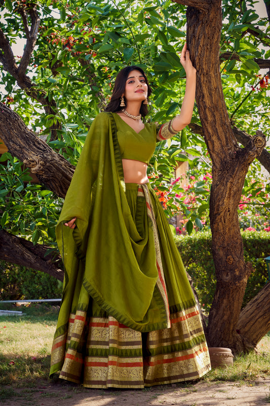 Graceful Mehendi Green Chanderi Lehenga Set with Zari Woven Border & Dupatta