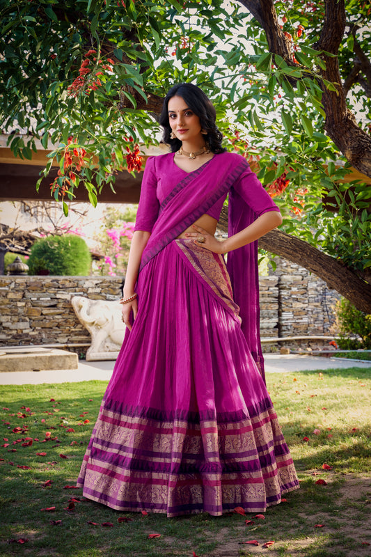 Royal Rani Pink Chanderi Lehenga Set with Zari Woven Border & Dupatta
