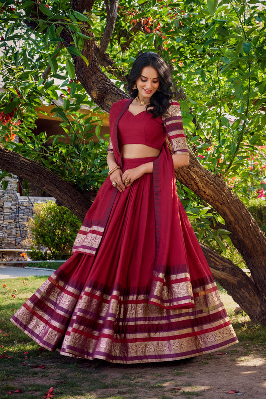 Elegant Red Pure Chanderi Lehenga Set with Zari Woven Border & Dupatta