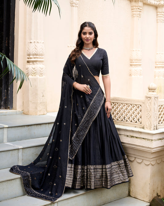 Elegant Black Chanderi Lehenga Set with Zari Woven Border & Dupatta