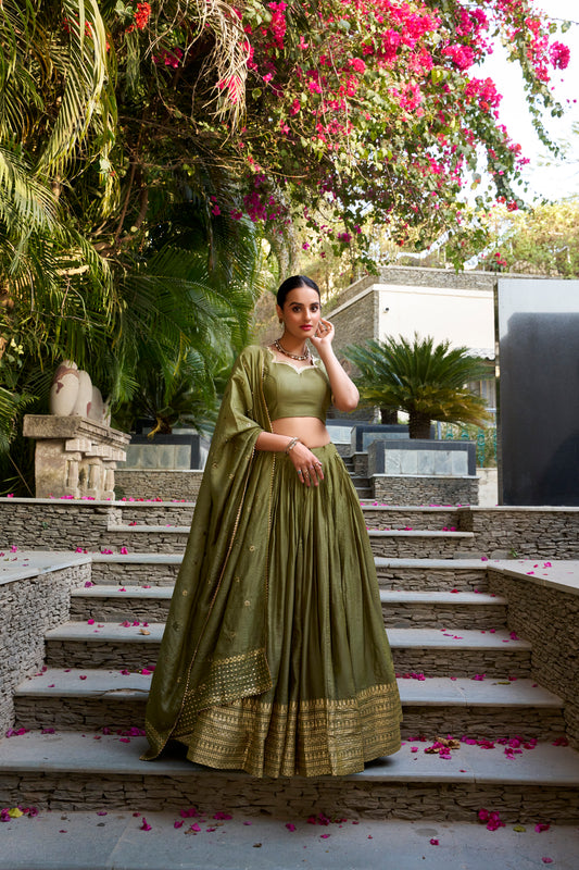 Olive Green Chanderi Lehenga Set with Zari Woven Border & Dupatta