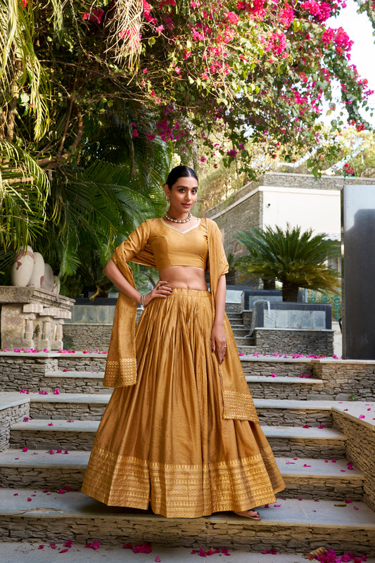 Golden Mustard Chanderi Lehenga Set with Zari Woven Border & Dupatta