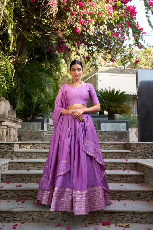 Soft Purple (Orchid Tone) Chanderi Lehenga Setwith Zari Woven Border & Dupatta