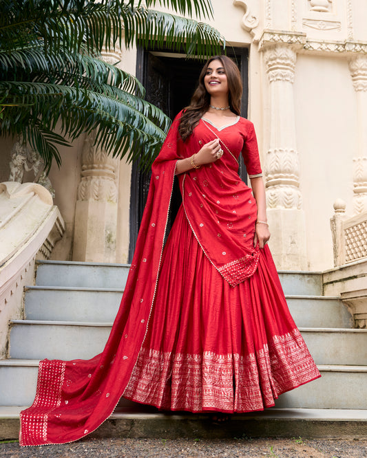 Crimson Red Chanderi Lehenga Set with Zari Woven Border & Dupatta