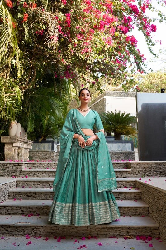 Mint Green Chanderi Lehenga Set with Zari Woven Border & Dupatta