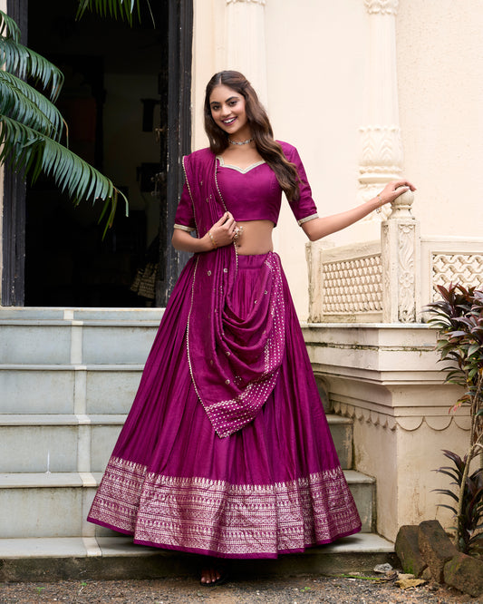 Rich Magenta Chanderi Lehenga Set with Zari Woven Border & Dupatta