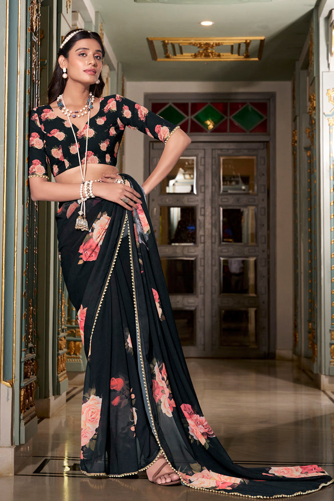 Black Floral Georgette Saree – Lightweight Cocktail Partywear