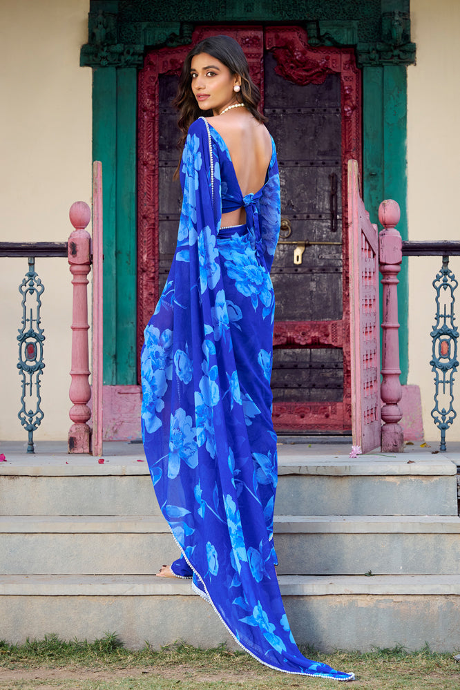 Royal Blue Floral Georgette Saree
