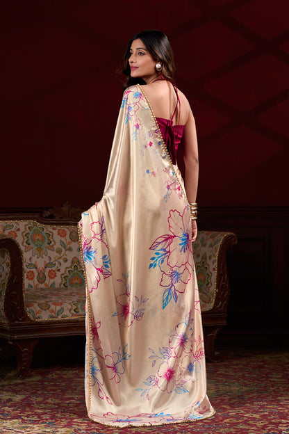 Beige Satin Floral Printed Saree with Pink and Blue Accents