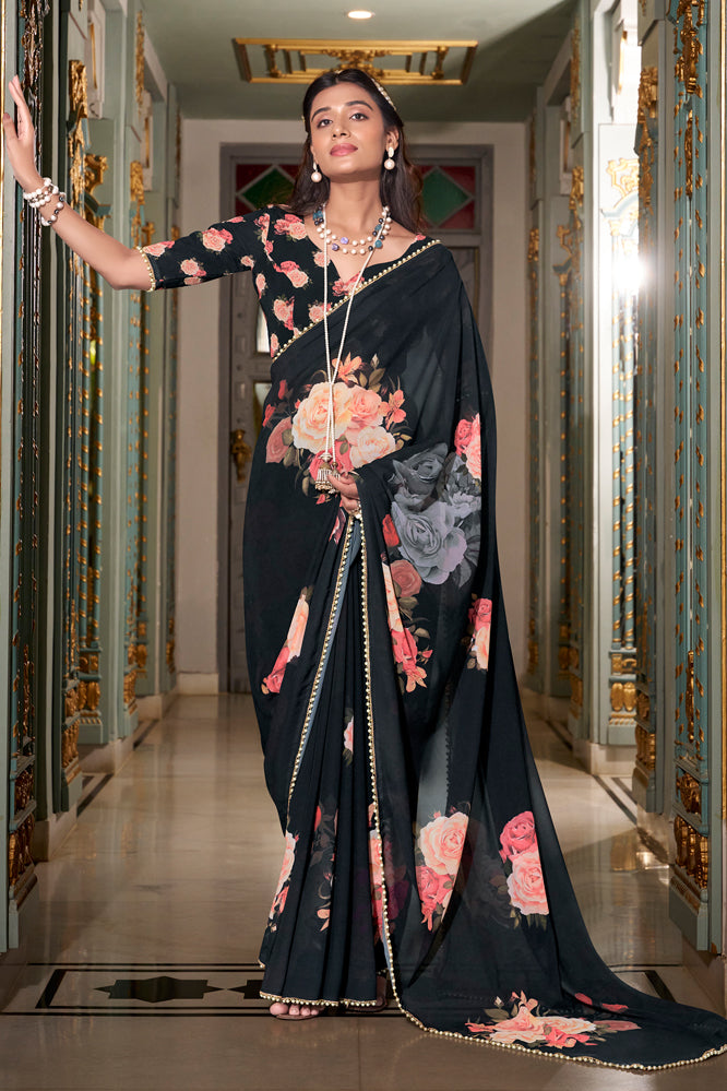 Black Floral Georgette Saree – Lightweight Cocktail Partywear