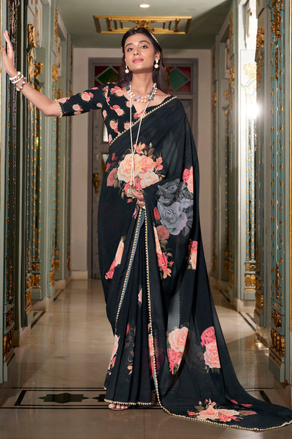 Black Floral Georgette Saree – Lightweight Cocktail Partywear