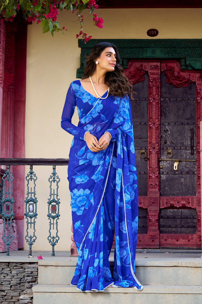 Royal Blue Floral Georgette Saree