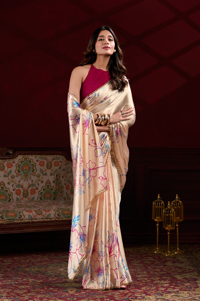 Beige Satin Floral Printed Saree with Pink and Blue Accents