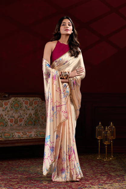 Beige Satin Floral Printed Saree with Pink and Blue Accents