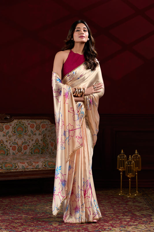 Beige Satin Floral Printed Saree with Pink and Blue Accents