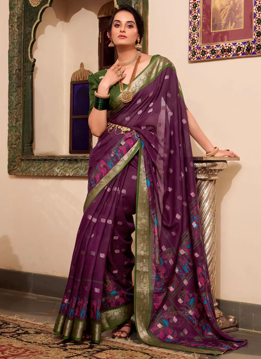 Wine Purple & Green Kalamkari Poly Silk Cotton Saree