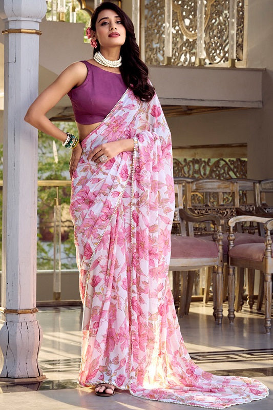 Floral Printed Weightless Georgette Saree with Pearl Lace Border and Blouse