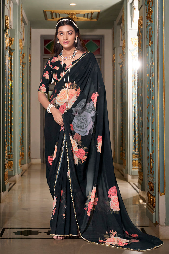 Black Floral Georgette Saree – Lightweight Cocktail Partywear