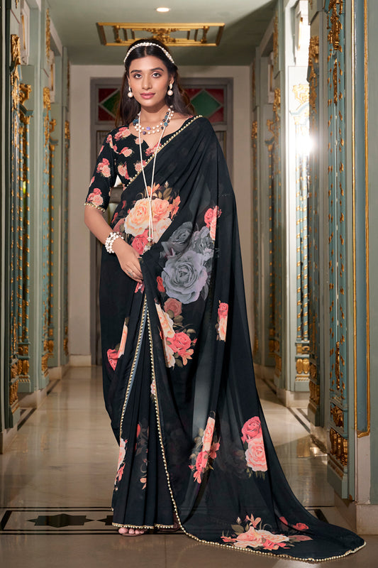 Black Floral Georgette Saree – Lightweight Cocktail Partywear