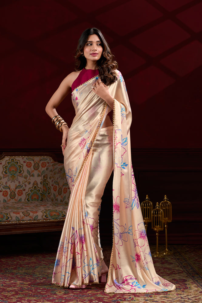 Beige Satin Floral Printed Saree with Pink and Blue Accents