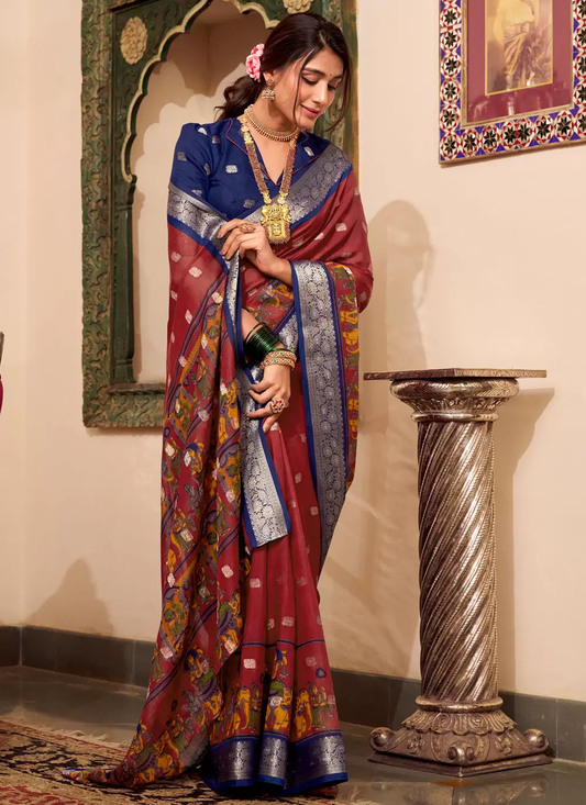 Maroon & Royal Blue Kalamkari Cotton Silk Saree