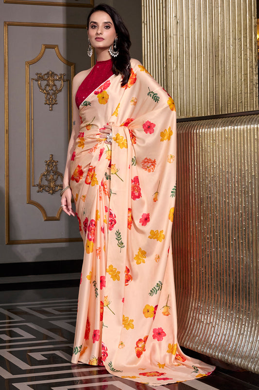 Elegant Floral Printed Satin Silk Sarees – Luxe & Lightweight