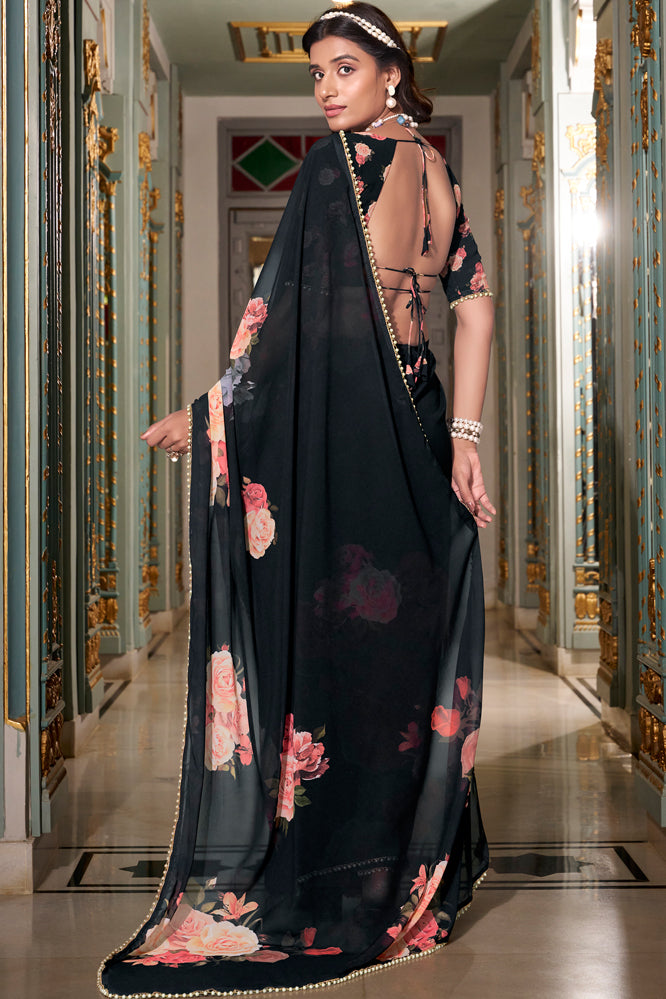 Black Floral Georgette Saree – Lightweight Cocktail Partywear