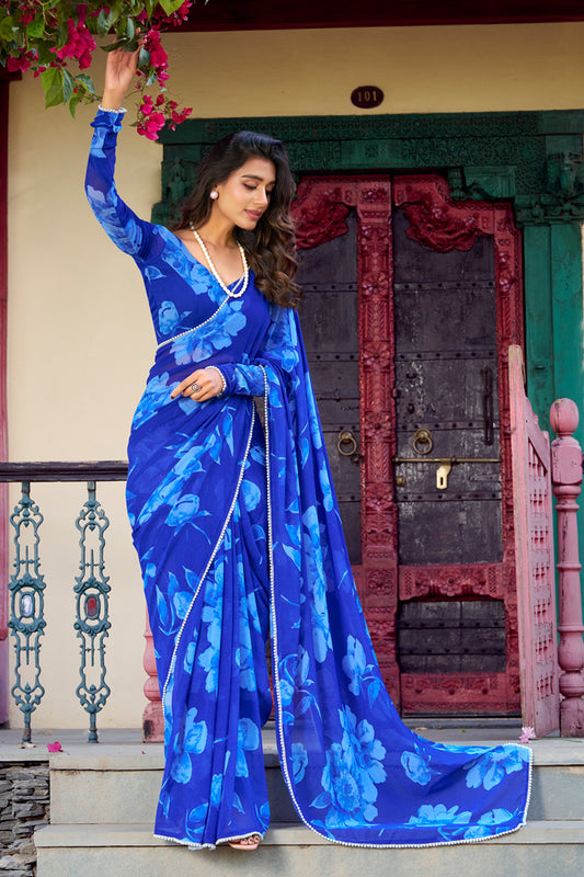 Royal Blue Floral Georgette Saree