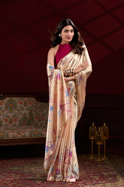 Beige Satin Floral Printed Saree with Pink and Blue Accents