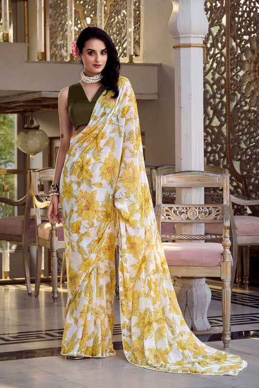 Floral Printed Weightless Georgette Saree with Pearl Lace Border and Blouse