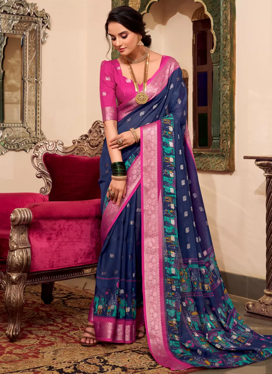 Navy Blue & Pink Kalamkari Print Cotton Silk Saree
