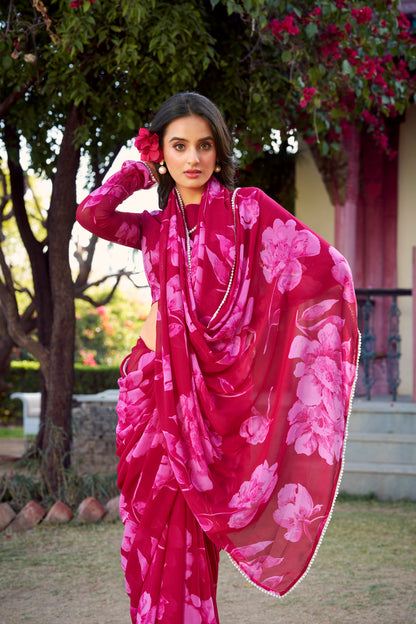 Bold Rani Pink Floral Georgette Saree