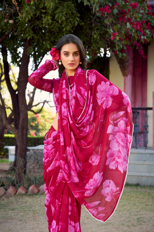 Bold Rani Pink Floral Georgette Saree