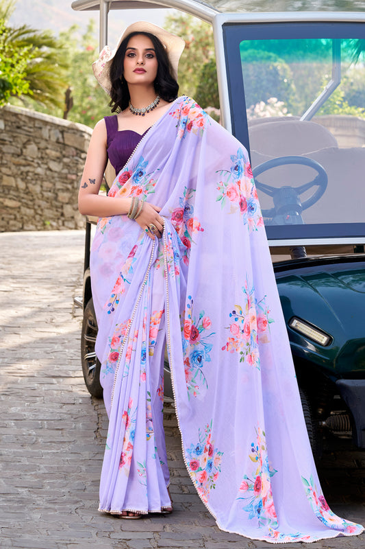 Lavender Georgette Saree with Floral Print – Elegant Partywear