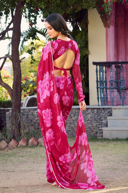 Bold Rani Pink Floral Georgette Saree